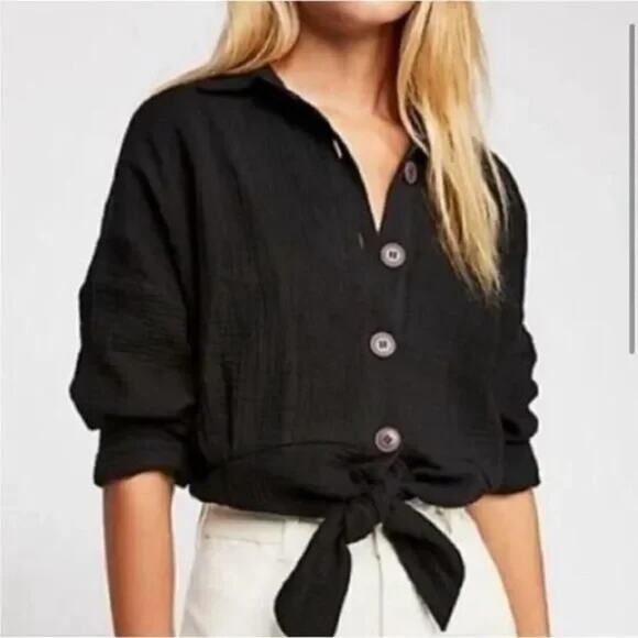 Free People Sun Streaks Long Sleeve Gauzy Cotton Button Up Shirt Black Medium - Picture 1 of 7